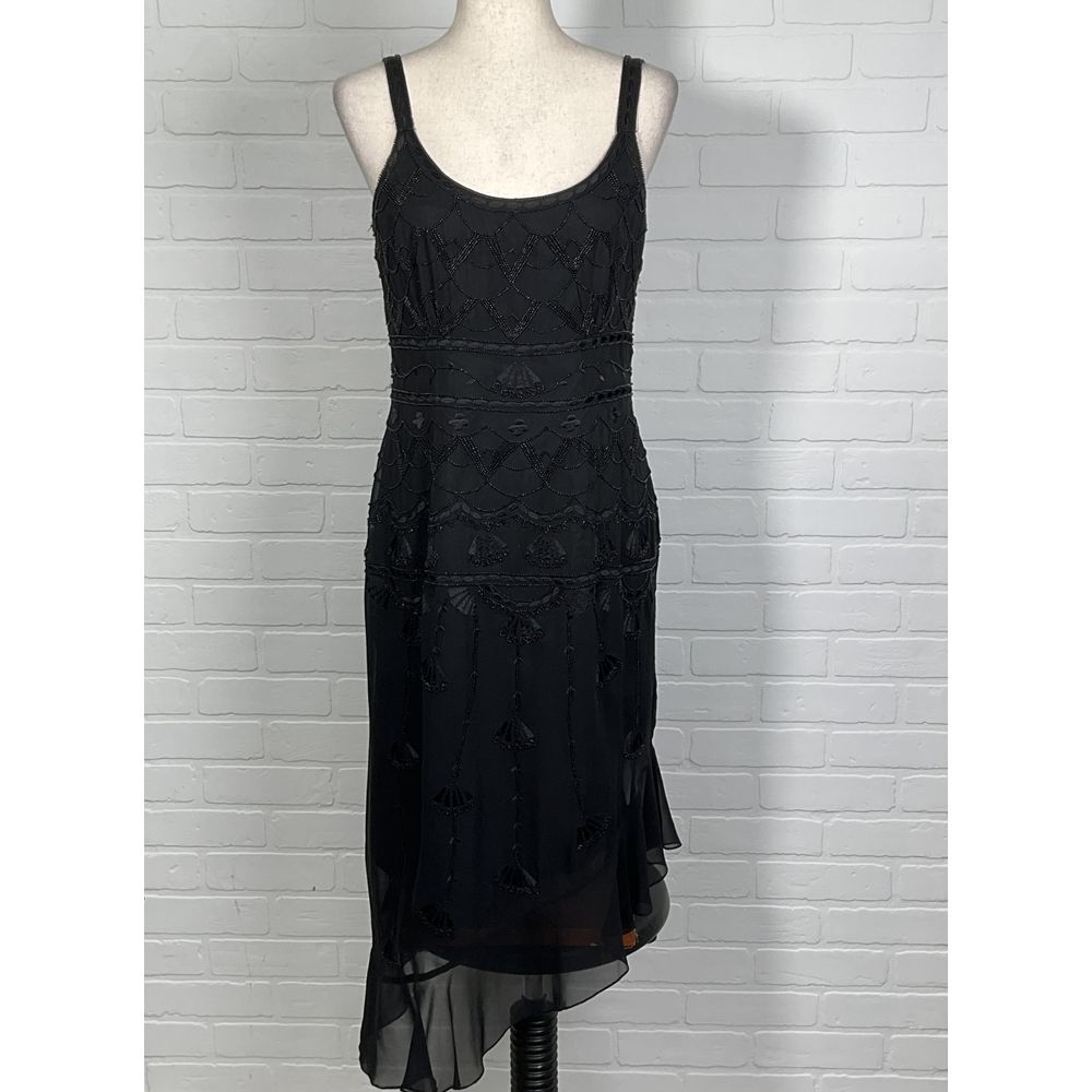 Jones New York Dress Women 10 Black Bead Silk Cocktail Asymmetric Hem Fairy